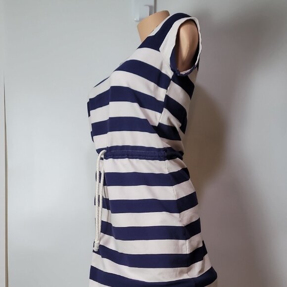 Navy & White Striped Casual Drawstring Waist Cotton Dress Short Sleeve Scoop Nec - Picture 5 of 14